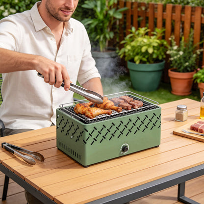 Portable Charcoal BBQ Grill, Battery Powered Barbecue Grill with Built-in Fan for Camping Picnic, Light Green