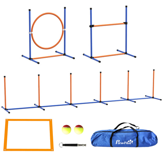 Dog Agility Training Equipment with Weave Poles, Jump Ring, Pause Box, Adjustable Hurdle, Carry Bag, Orange