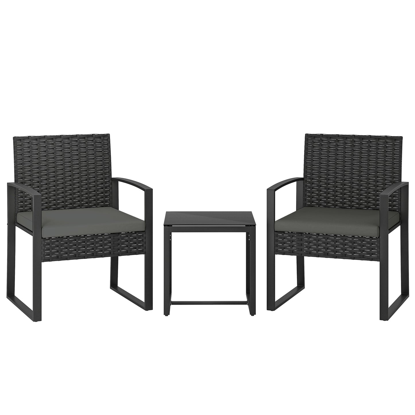 Rattan Bistro Set, 3 Piece Garden Furniture Set with Glass Top Table and Cushions, Dark Grey