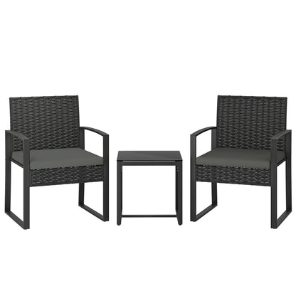 Rattan Bistro Set, 3 Piece Garden Furniture Set with Glass Top Table and Cushions, Dark Grey