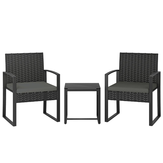 Rattan Bistro Set, 3 Piece Garden Furniture Set with Glass Top Table and Cushions, Dark Grey