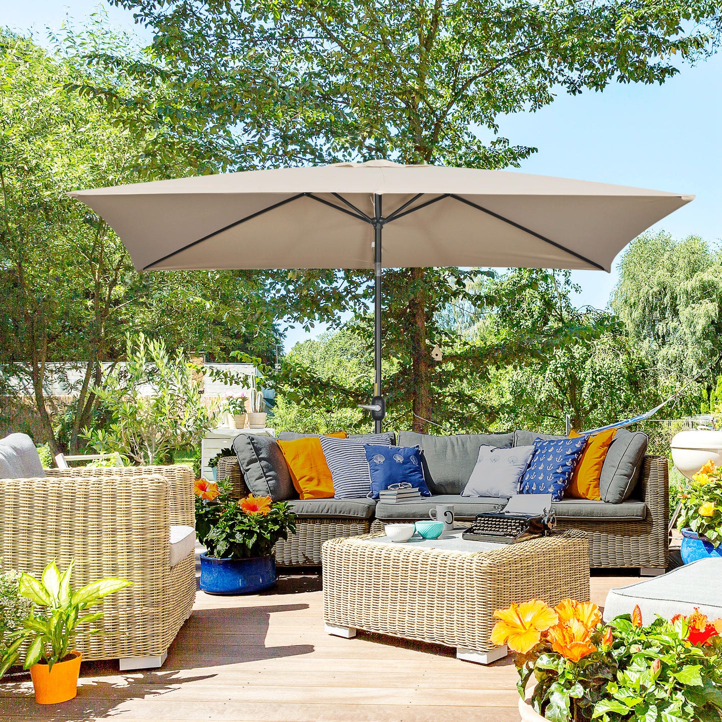 3x2m Garden Parasol Umbrella with Aluminium Pole, Tilt and Crank, Rectangular Outdoor Table Parasol Sun Shade for Patio