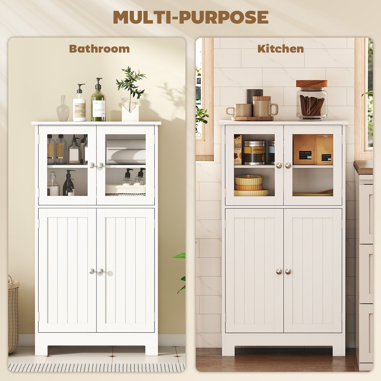 Bathroom Floor Cabinet, Freestanding Kitchen Cupboard with 2 Drawers, Adjustable Shelves and Tempered Glass Door