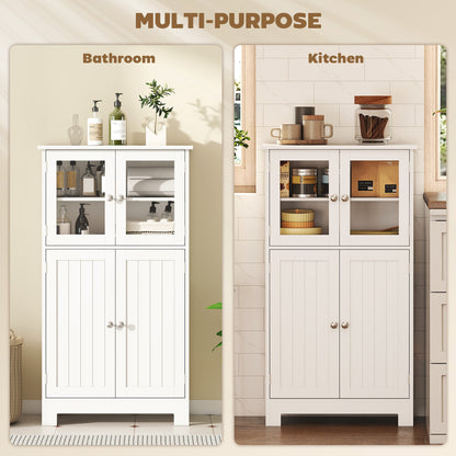 Bathroom Floor Cabinet, Freestanding Kitchen Cupboard with 2 Drawers, Adjustable Shelves and Tempered Glass Door