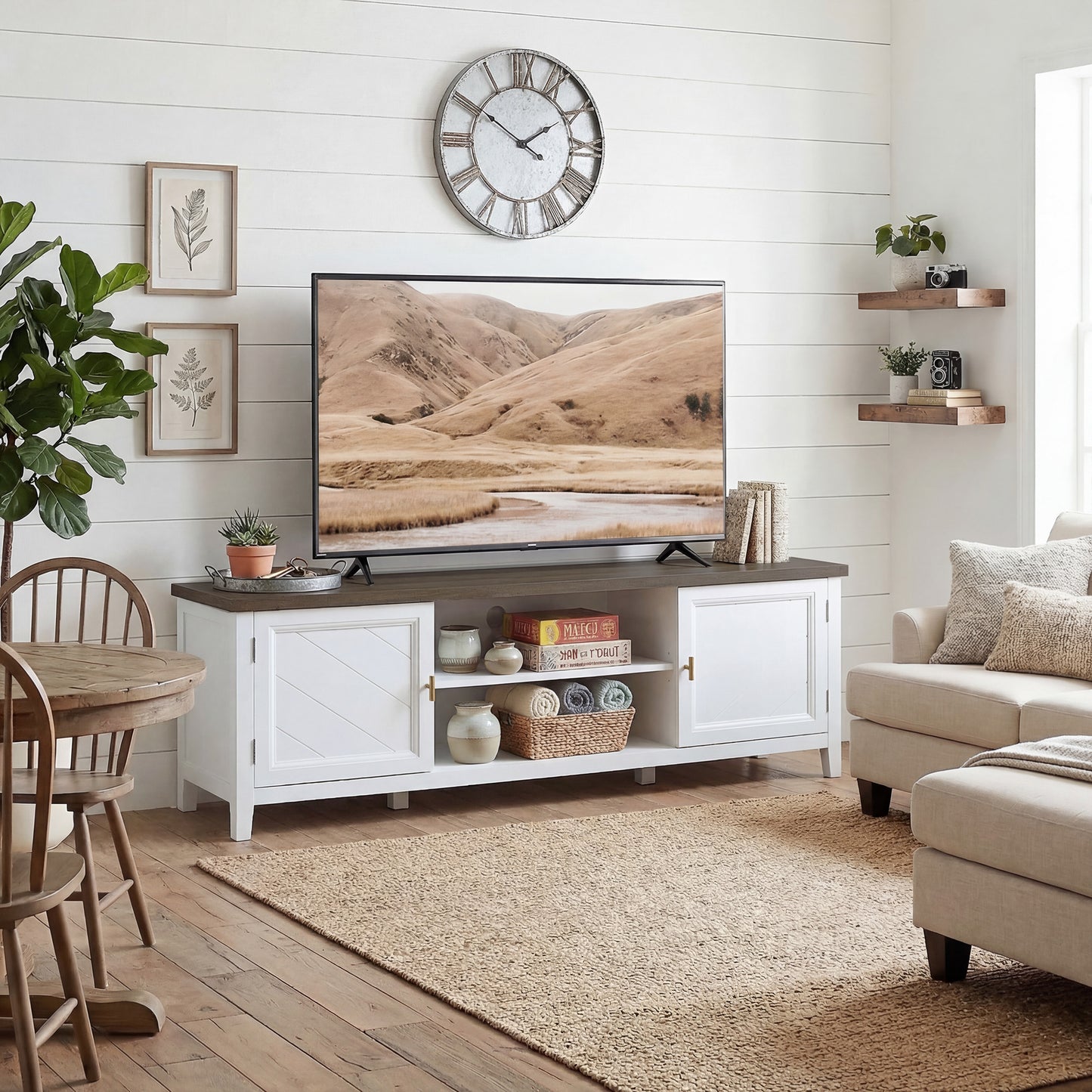 TV Unit for TVs up to 42 Inch, Farmhouse Entertainment Centre with 2 Open Shelves, 2 Cabinets and Thick Top