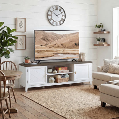 TV Unit for TVs up to 42 Inch, Farmhouse Entertainment Centre with 2 Open Shelves, 2 Cabinets and Thick Top