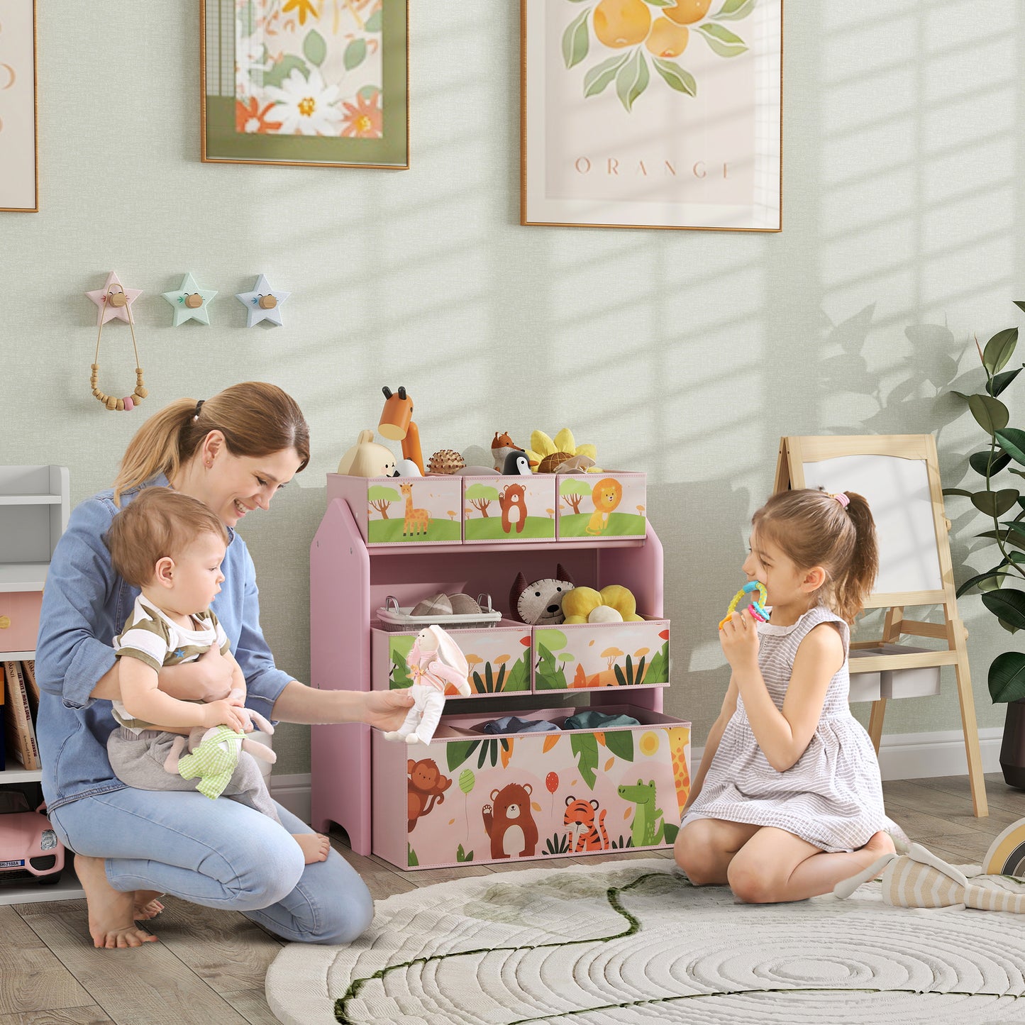 3-Tier Kids Toy Storage Unit with 6 Removable Storage Boxes, for Playroom, Bedroom, Children's Room, Nursery, Pink