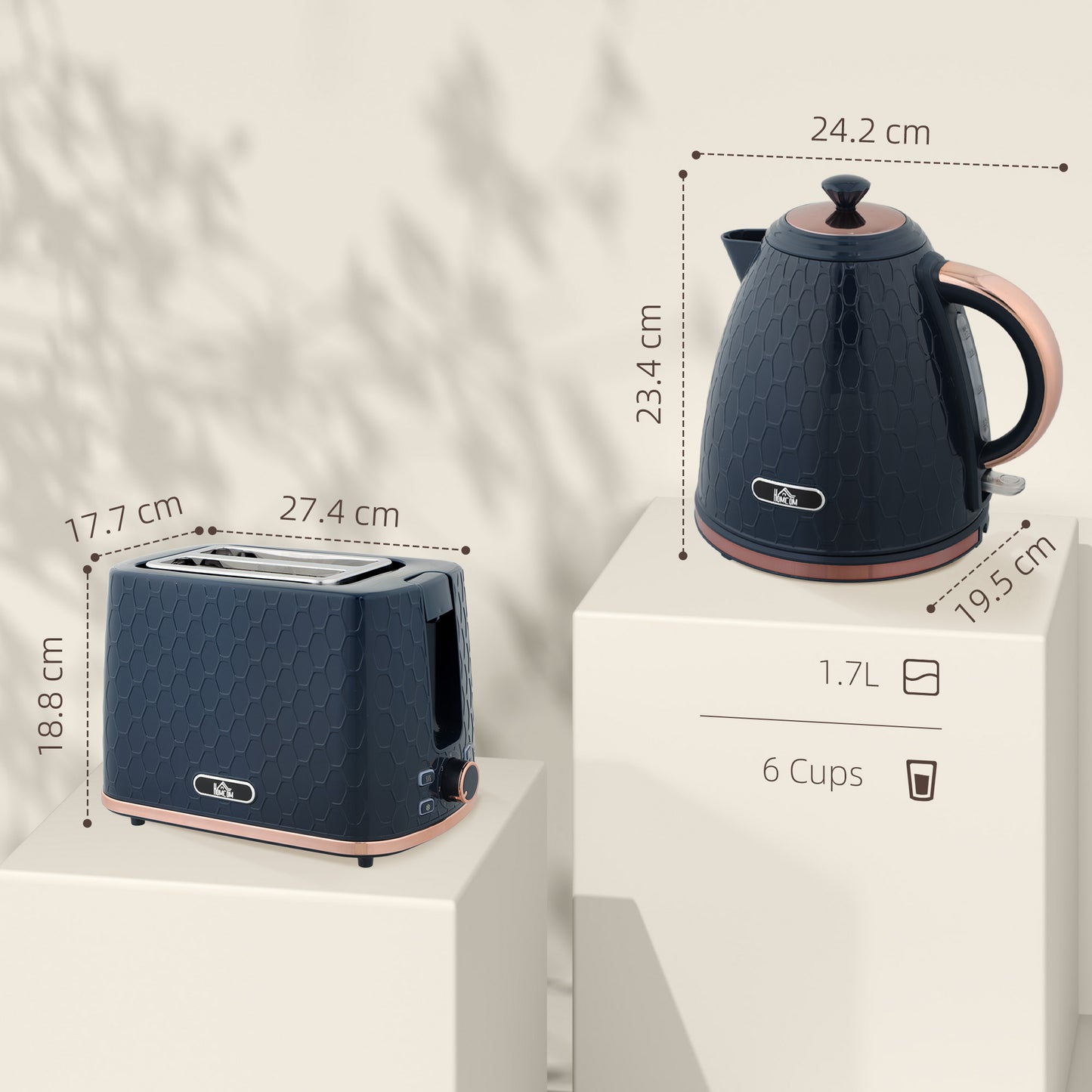 1.7L 3000W Fast Boil Kettle & 2 Slice Toaster Set, Kettle and Toaster Set with Auto Shut Off, Browning Controls, Blue