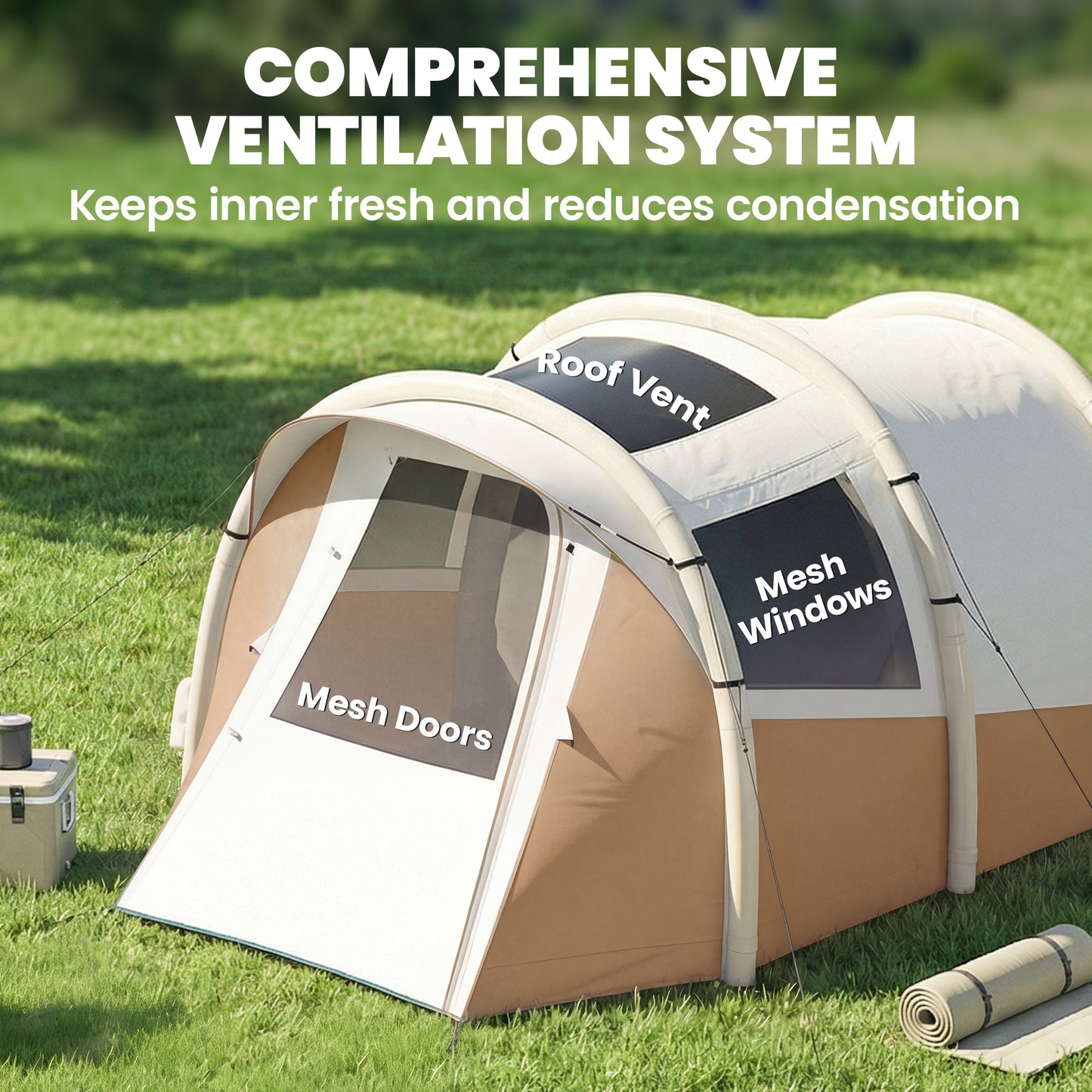 Inflatable Camping Tent w/ Air Pump, Easy Setup 2-3 Person Blow Up Tent, Khaki