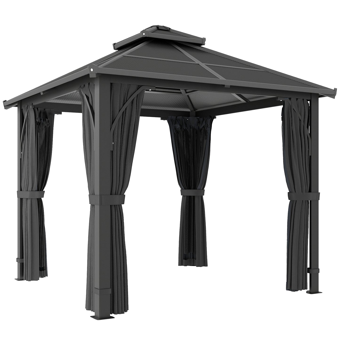 2.5 x 2.5 m Hardtop Gazebo Canopy with 7mm PC Roof, Garden Gazebo Permanent Pavilion with Netting, Curtains, Dark Grey