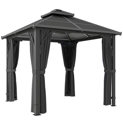2.5 x 2.5 m Hardtop Gazebo Canopy with 7mm PC Roof, Garden Gazebo Permanent Pavilion with Netting, Curtains, Dark Grey