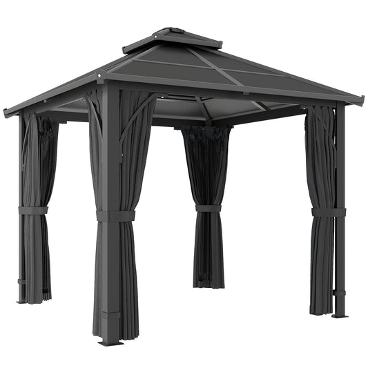 2.5 x 2.5 m Hardtop Gazebo Canopy with 7mm PC Roof, Garden Gazebo Permanent Pavilion with Netting, Curtains, Dark Grey