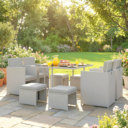 9 Piece Rattan Cube Garden Furniture Dining Set with Armchairs, Footstools and Glass-Top Table, Light Grey