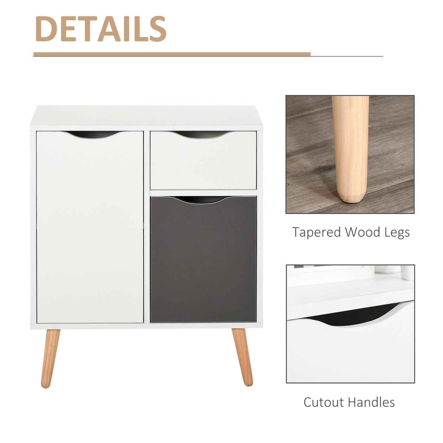 Sideboard Floor Cabinet Storage Cupboard with Drawer and Solid Wood Legs for Bedroom, Living Room, Entryway, Grey