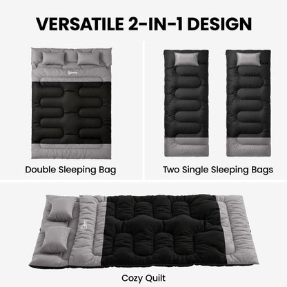 Double Sleeping Bag with 2 Pillows, 220 x 160 cm Extra-Large Sleeping Bag for Adults, Black and Grey