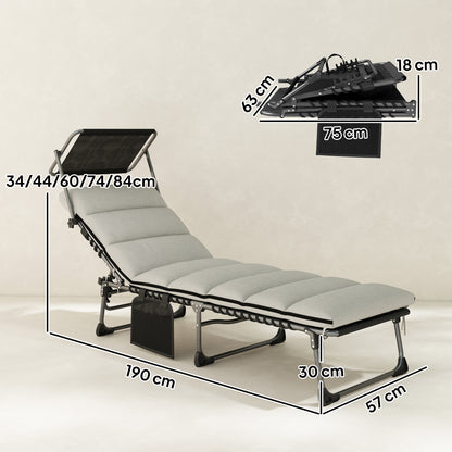 Folding Sun Lounger with Canopy, Reclining Sunbed with Cushion, Side Pocket, Carrying Handle, Light Grey