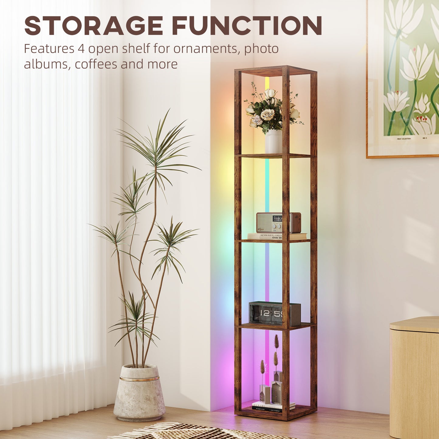 RGB LED Floor Lamp with Shelves, Modern Dimmable Standing Lamp with Remote Control