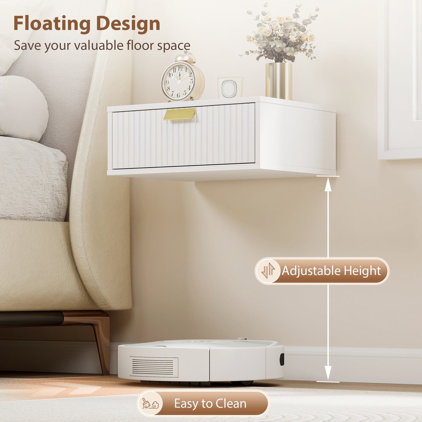 Modern Floating Nightstands Set of 2, Wall Mounted Bedside Tables with Wave Drawer White