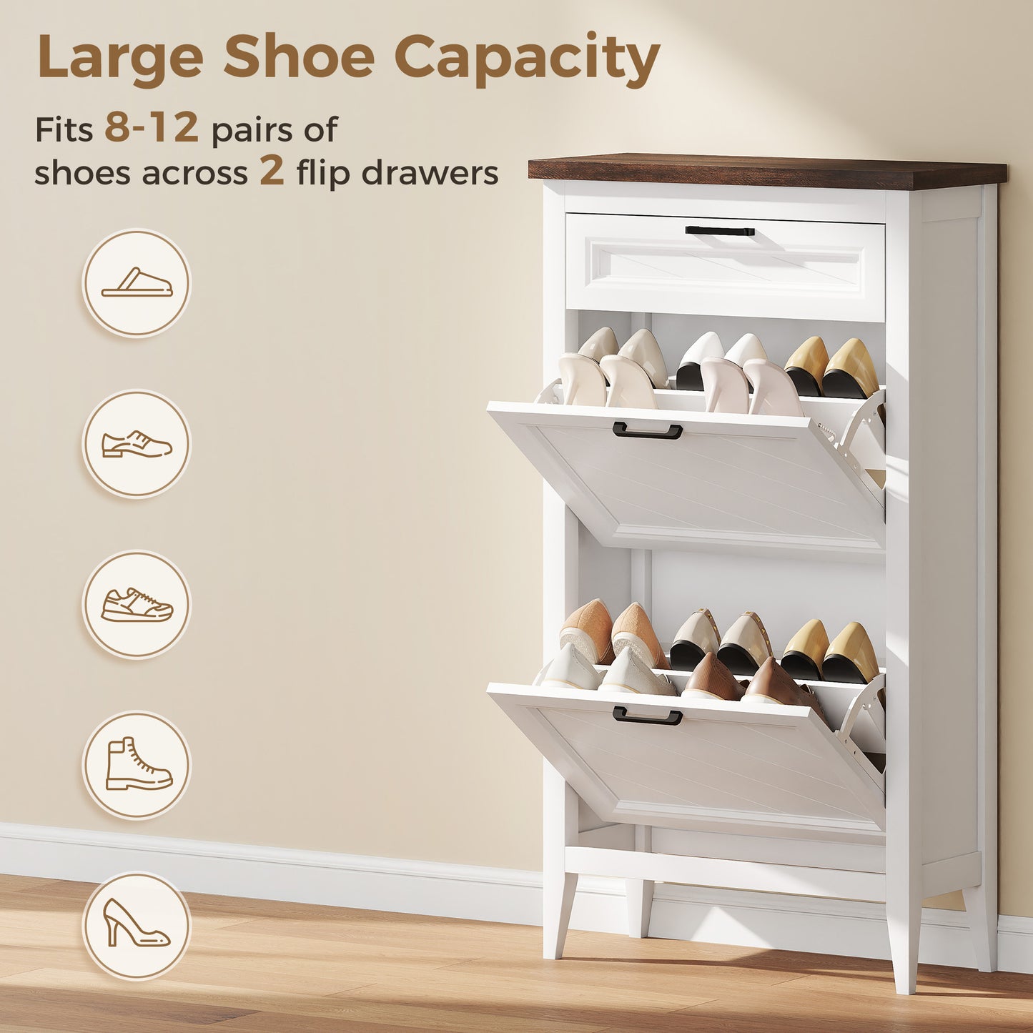 Shoe Cabinet with 2 Flip Drawers, Farmhouse Narrow Shoe Storage Cabinet with Adjustable Shelves, White