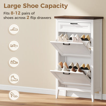 Shoe Cabinet with 2 Flip Drawers, Farmhouse Narrow Shoe Storage Cabinet with Adjustable Shelves, White