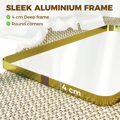 Rectangular Wall Mirror, 90 x 60 cm Wall Mounted Bathroom Mirror w/ Aluminium Alloy Frame and Tempered Glass, Gold Tone