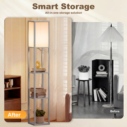 3-Tier Floor Lamp with Shelves and Storage, Modern Corner Standing Lamp with Lampshade, Foot Switch for Living Room, Bedroom