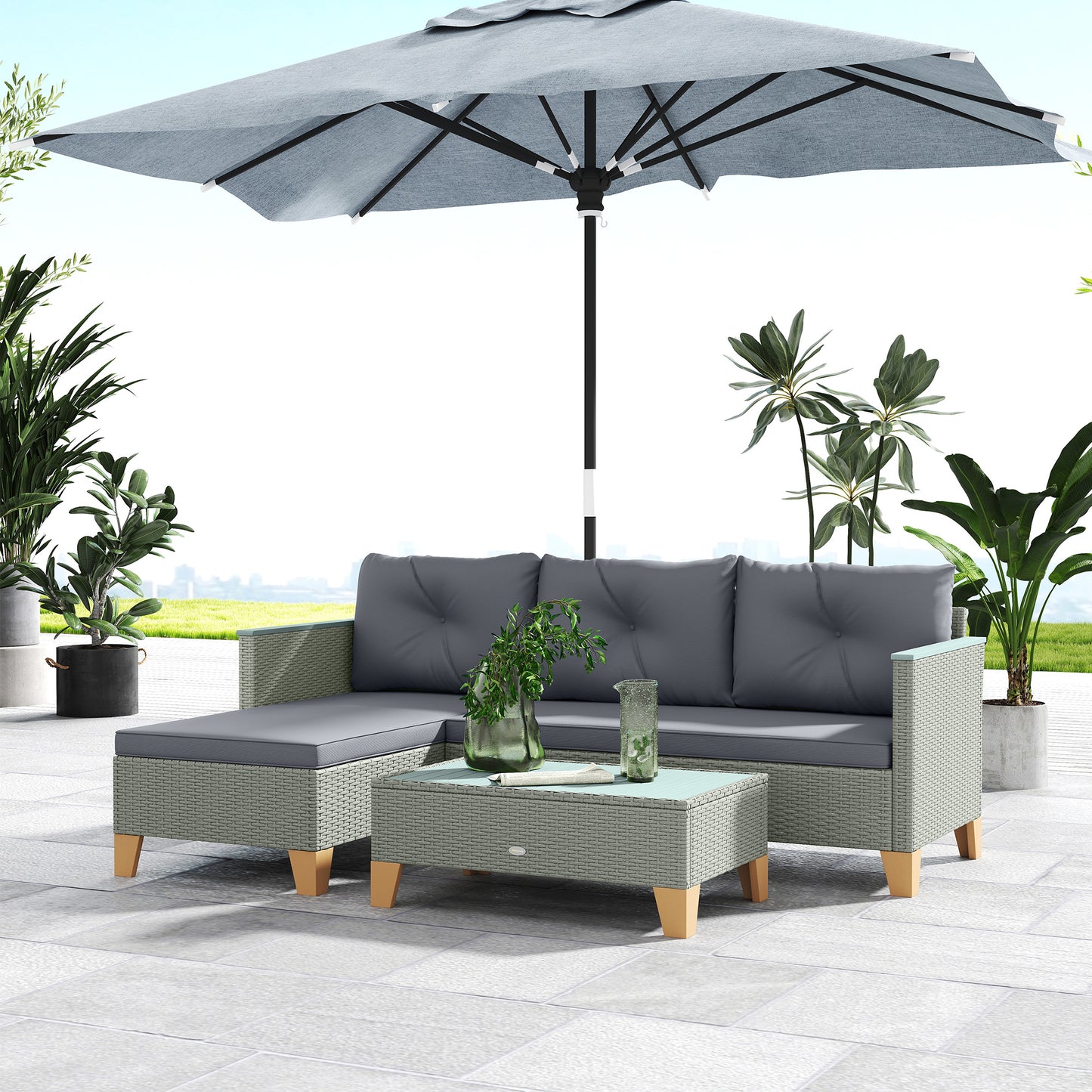 3 Pieces Rattan Garden Furniture Set, L Shaped Garden Conversation Chaise Lounge Furniture