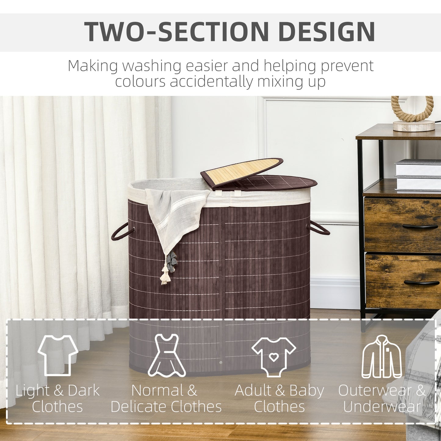 100L Bamboo Laundry Basket with Lid, Washing Basket with 2 Compartments, Handles, Removable Liner, Brown