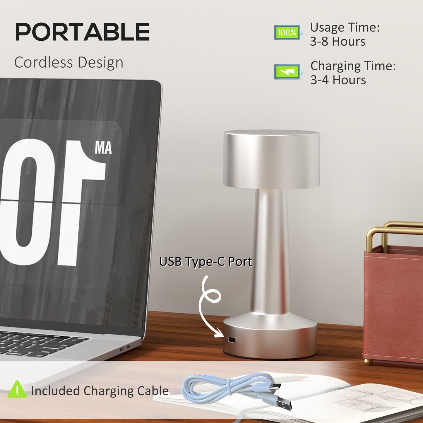 Cordless Table Lamp, Touch LED Desk Lamp with Rechargeable Battery, 3 Colour, for Bedroom Living Room, Silver