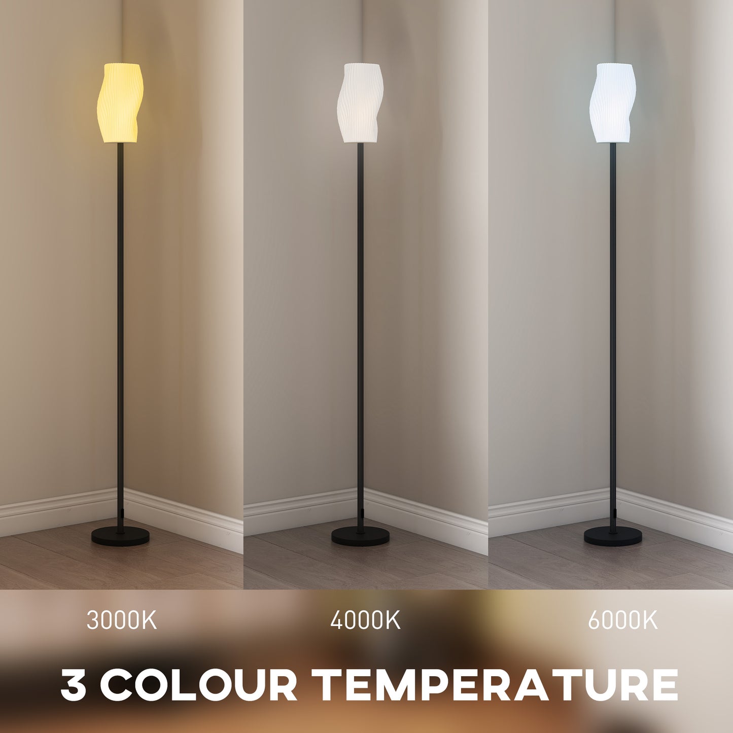 Floor Lamp for Living Room, 3D Printed Modern Standing Lamp with Flowing Curved Shade, 3 Colour Temperature & Foot Switch