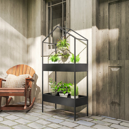 2 Tier Plant Stand, Outdoor Indoor Metal Plant Stand with Hook, House-Shaped Pots Holder Display Rack, Black