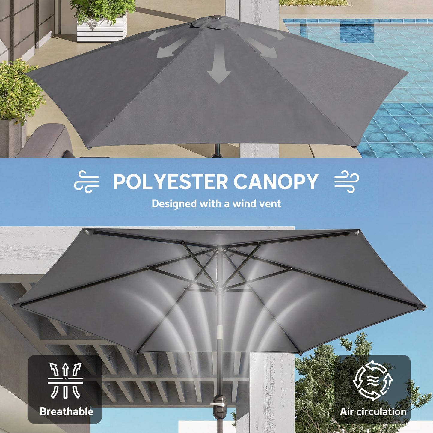 2.6 m Garden Parasol Umbrella with Aluminium Pole, Outdoor Patio Umbrella with Tilt and Crank, Vent, Grey