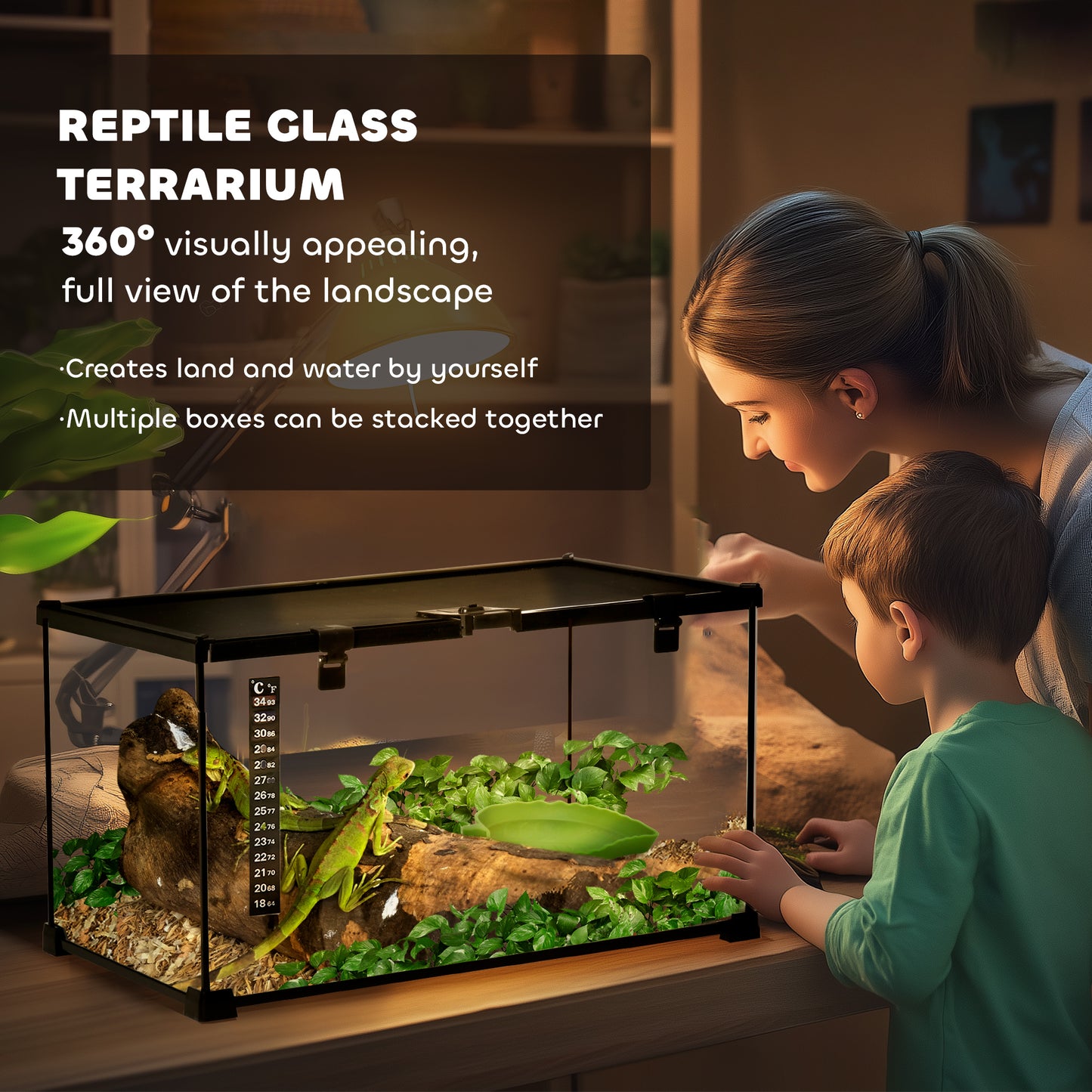 Glass Reptile Terrarium Insect Breeding Tank Vivarium Habitats with Thermometer for Lizards, Horned Frogs, Snakes, Spiders
