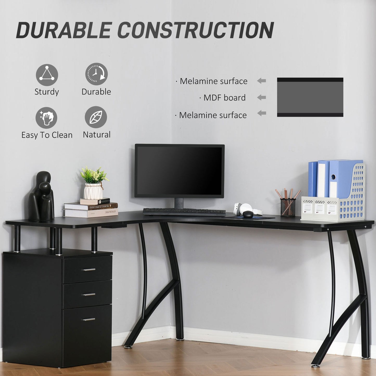 L-Shaped Computer Desk Table with Storage Drawer, Home Office Desk Corner Industrial Style Workstation for A4 Files 143.5 x 1