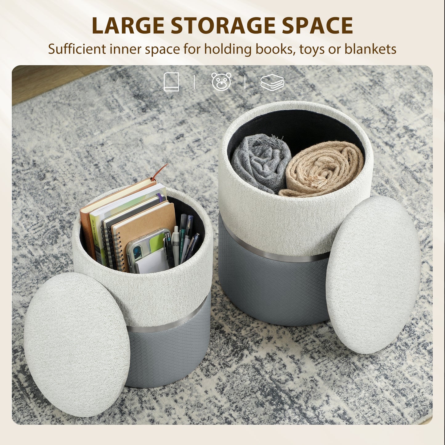 Nesting Round Ottoman with Storage Set of 2 - Cream/Grey