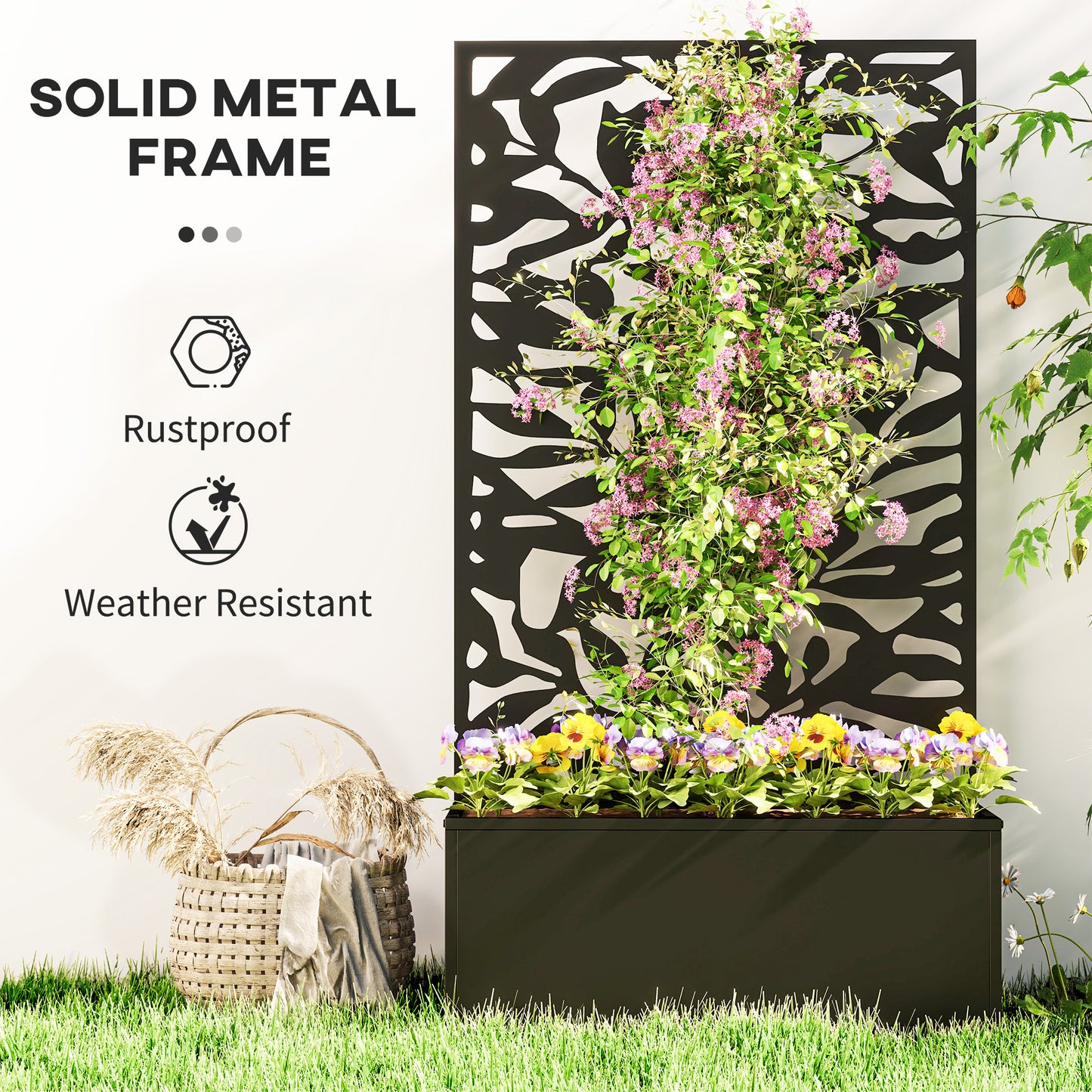 Metal Garden Bed with Trellis, Wall Mounted or Freestanding Raised Planter with Privacy Panel, Black