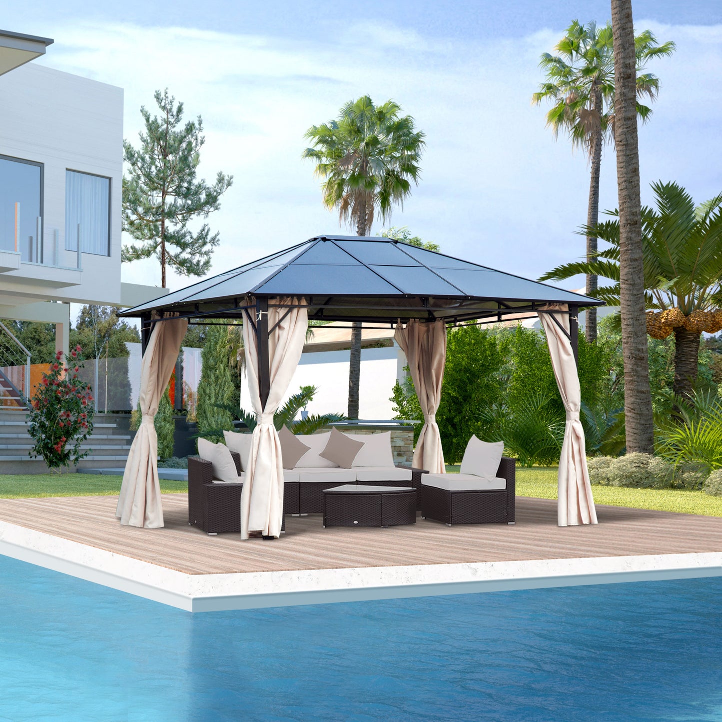 3 x 3.6m Hardtop Gazebo Canopy with Polycarbonate Roof Garden Pavilion with Removable Curtains and Steel Frame, Brown