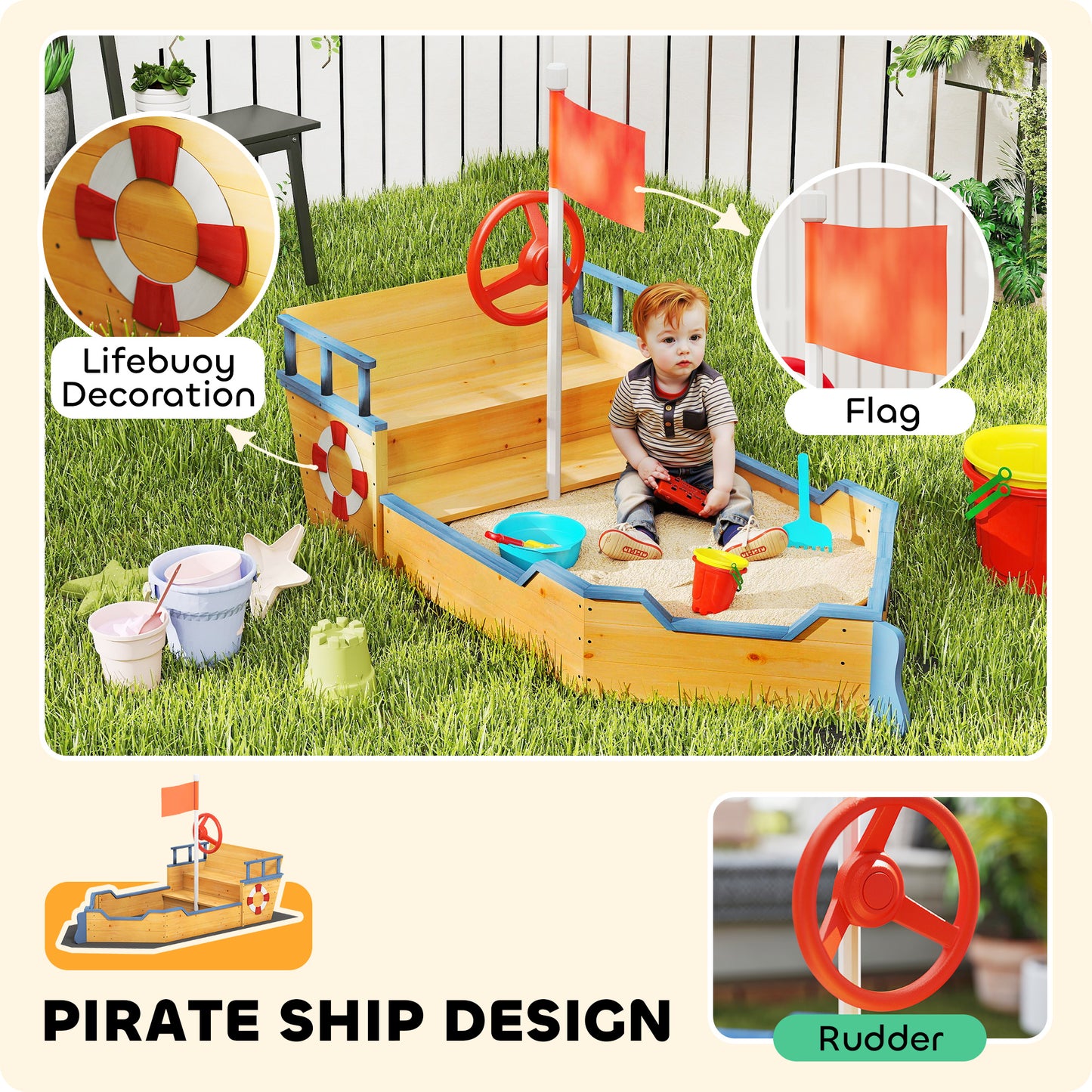 Kids Sand Pit, Children Pirate Ship Sandbox with Bench, Bottom Liner, Seat, Natural Wood Tone