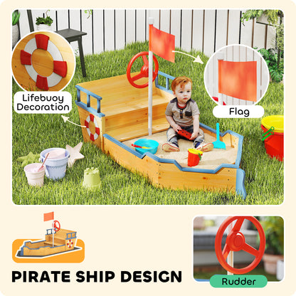Kids Sand Pit, Children Pirate Ship Sandbox with Bench, Bottom Liner, Seat, Natural Wood Tone