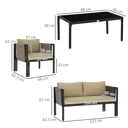 4 Piece Metal Garden Furniture Set with Tempered Glass Coffee Table, Texteline Pocket