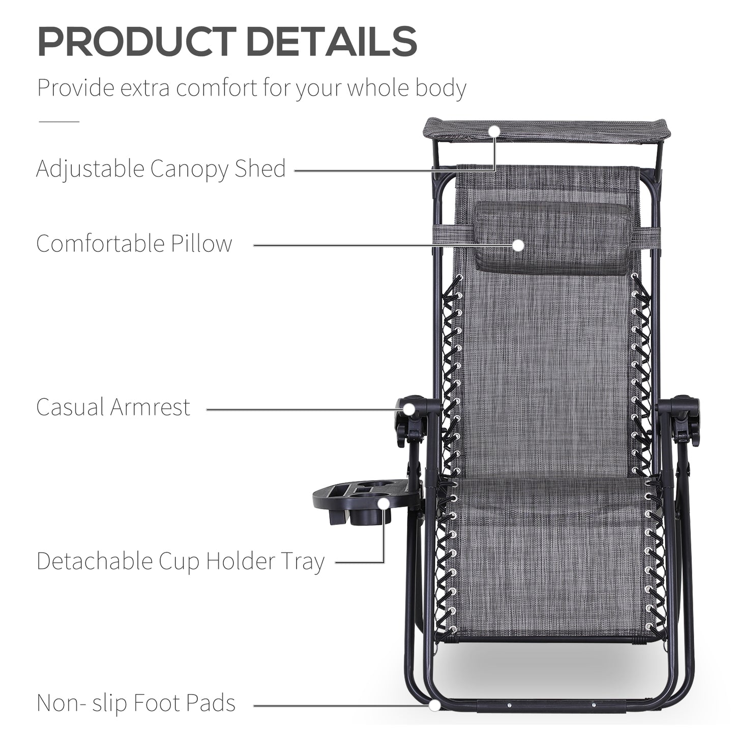 Foldable Reclining Garden Chair with Headrest, Zero Gravity Deck Sun Lounger Seat Chair with Footrest, Armrest