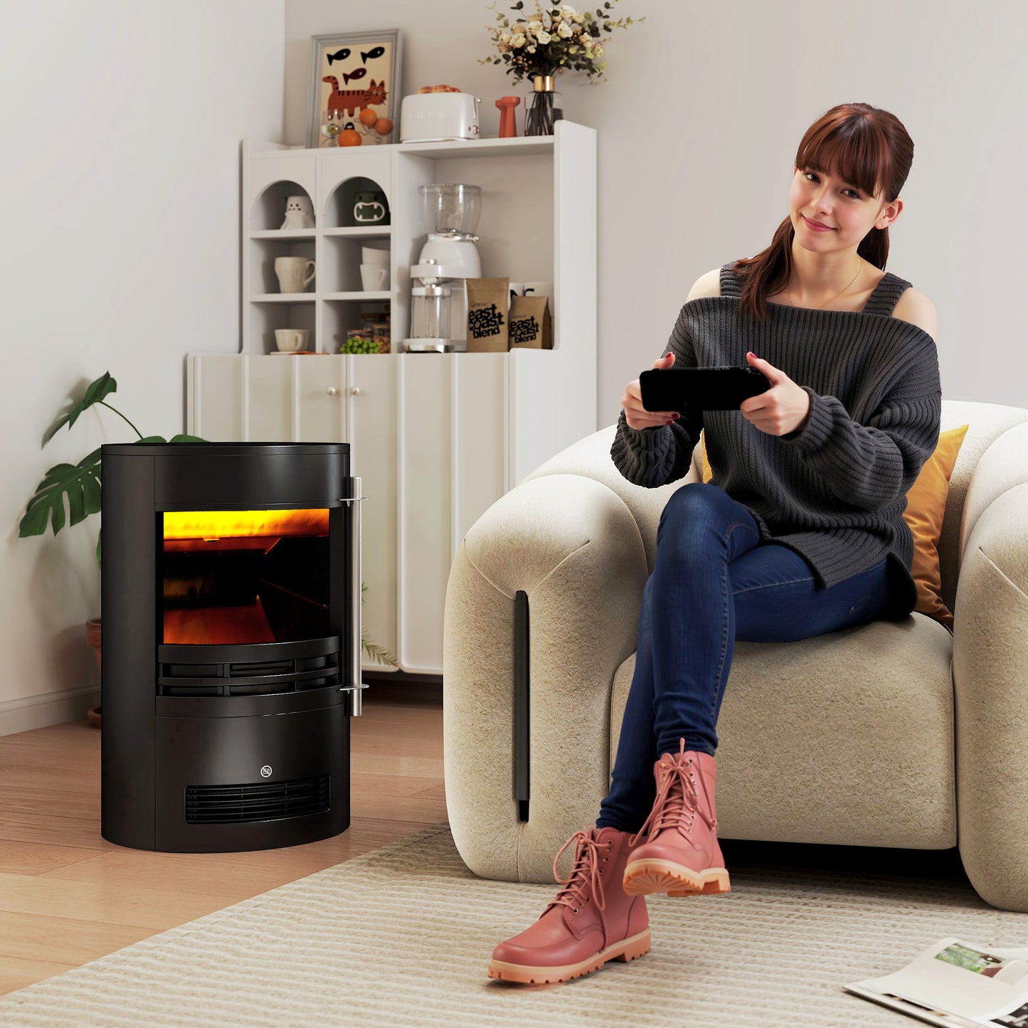 1000W/2000W Freestanding Electric Fireplace, Indoor Heater Fire Stove with Log Burner Effect Flame, Thermostat Control