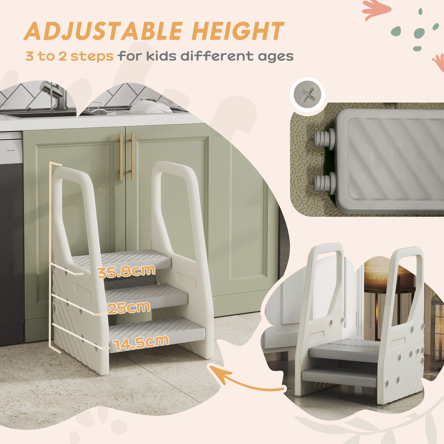 Adjustable 3 Step Toddler Tower with Handles, Non-slip Surface and Foot Pads, Grey