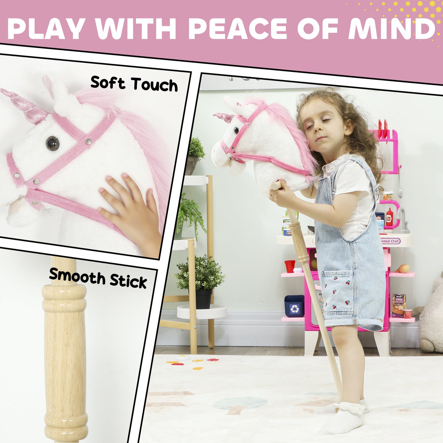 Unicorn Stick Horse with Wood Wheels, Real Pony Neighing and Galloping Sounds, Grip Handle, 95 cm, White