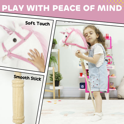 Unicorn Stick Horse with Wood Wheels, Real Pony Neighing and Galloping Sounds, Grip Handle, 95 cm, White