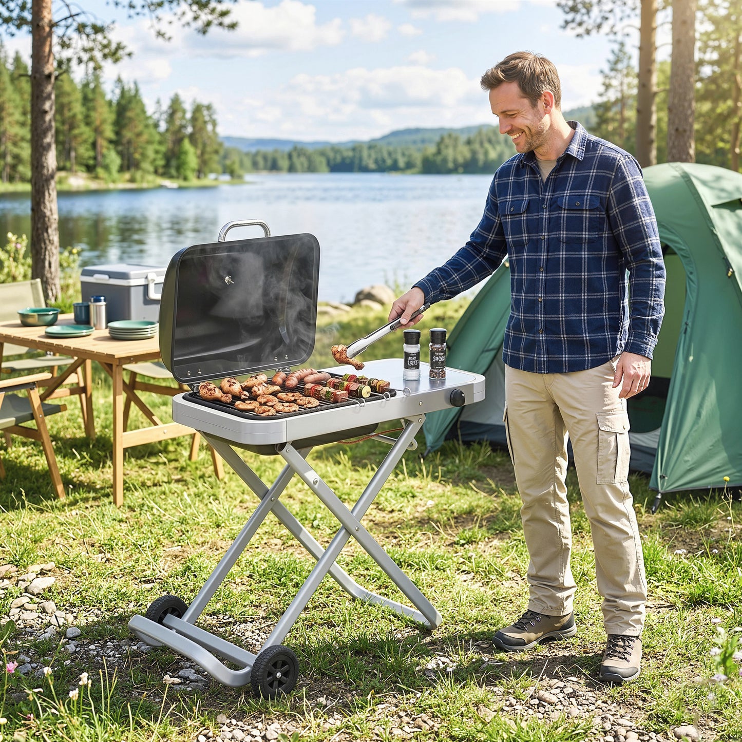 Foldable Gas BBQ Grill with Side Table, Portable Gas Barbecue Grill with Thermometer, Grease Box, Wheels, 2.5 kW, Black