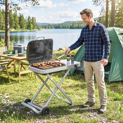 Foldable Gas BBQ Grill with Side Table, Portable Gas Barbecue Grill with Thermometer, Grease Box, Wheels, 2.5 kW, Black