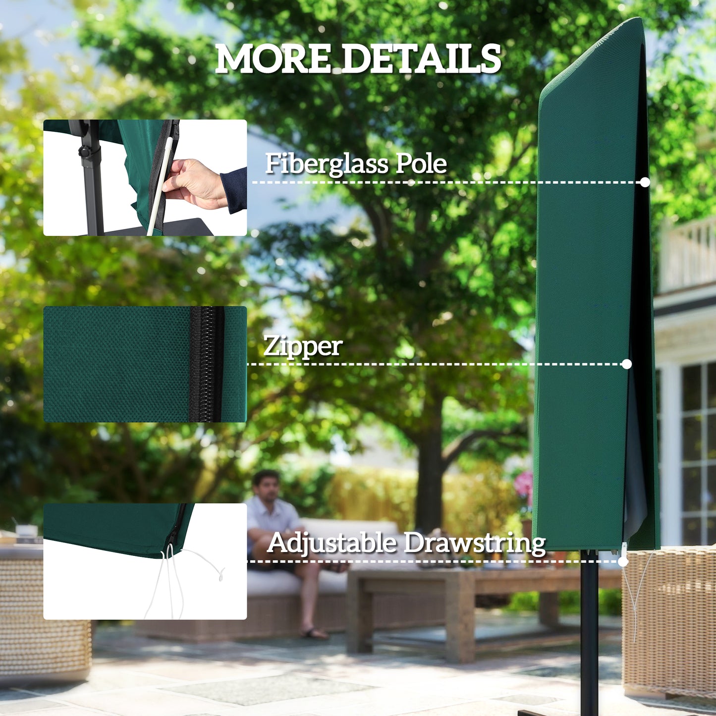 Garden Parasol Cover, Outdoor Patio Umbrella Protector Weatherproof Garden Patio for 2-4.6m Parasol, Dark Green