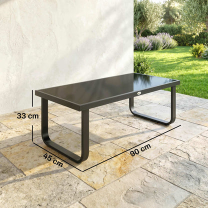 Outdoor Garden Coffee Table, Rectangle Metal Side Table with Tempered Glass Tabletop, Adjustable Foot Pads