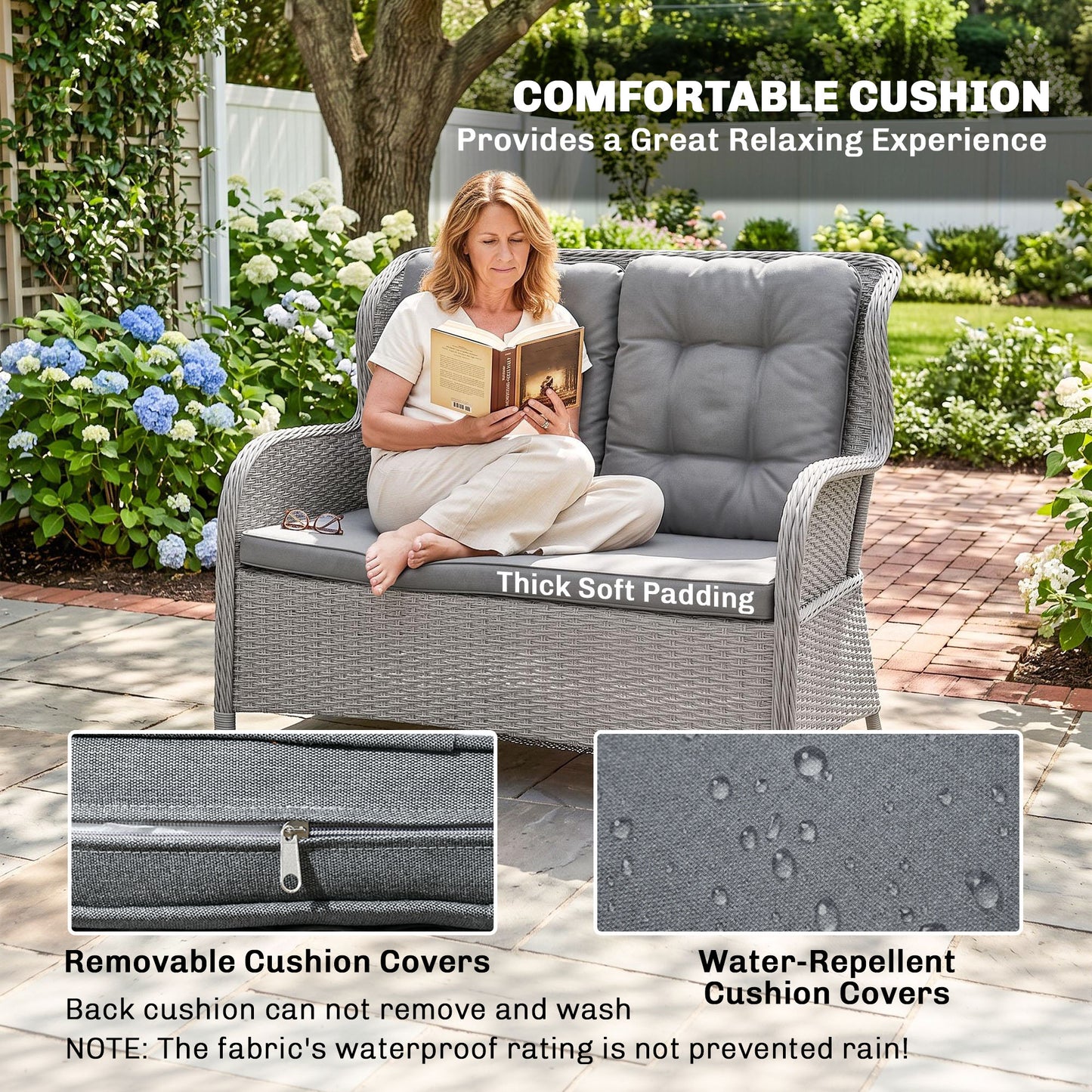Garden PE Rattan Dining Sofa Set, Outdoor 4 Seater Wicker Furniture, High Back Chairs with Cushions